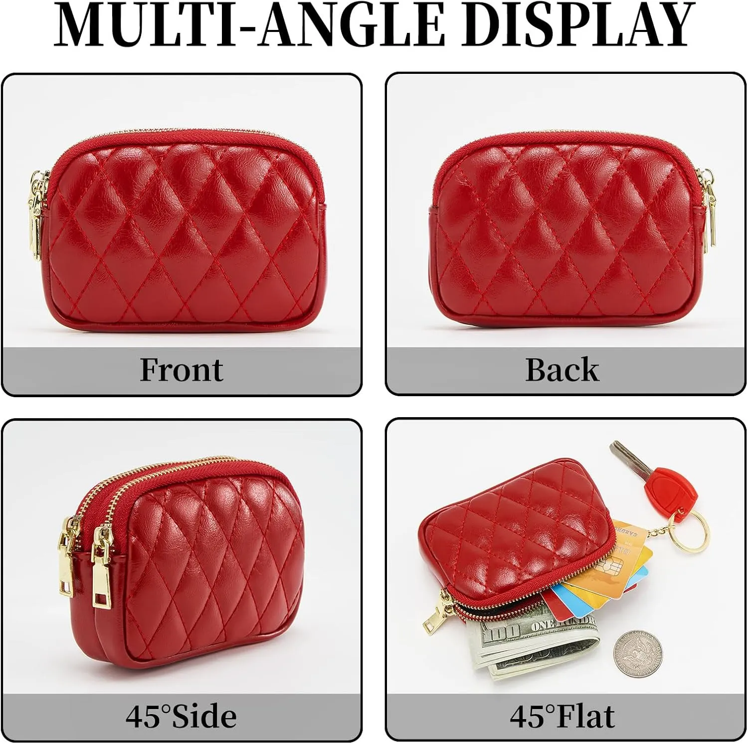 WOZEAH Leather Coin Purse for Women Small 2 Zipper Change Wallet with Key Ring Card Key Coin Cash Holder Pouch(Quilted Red)