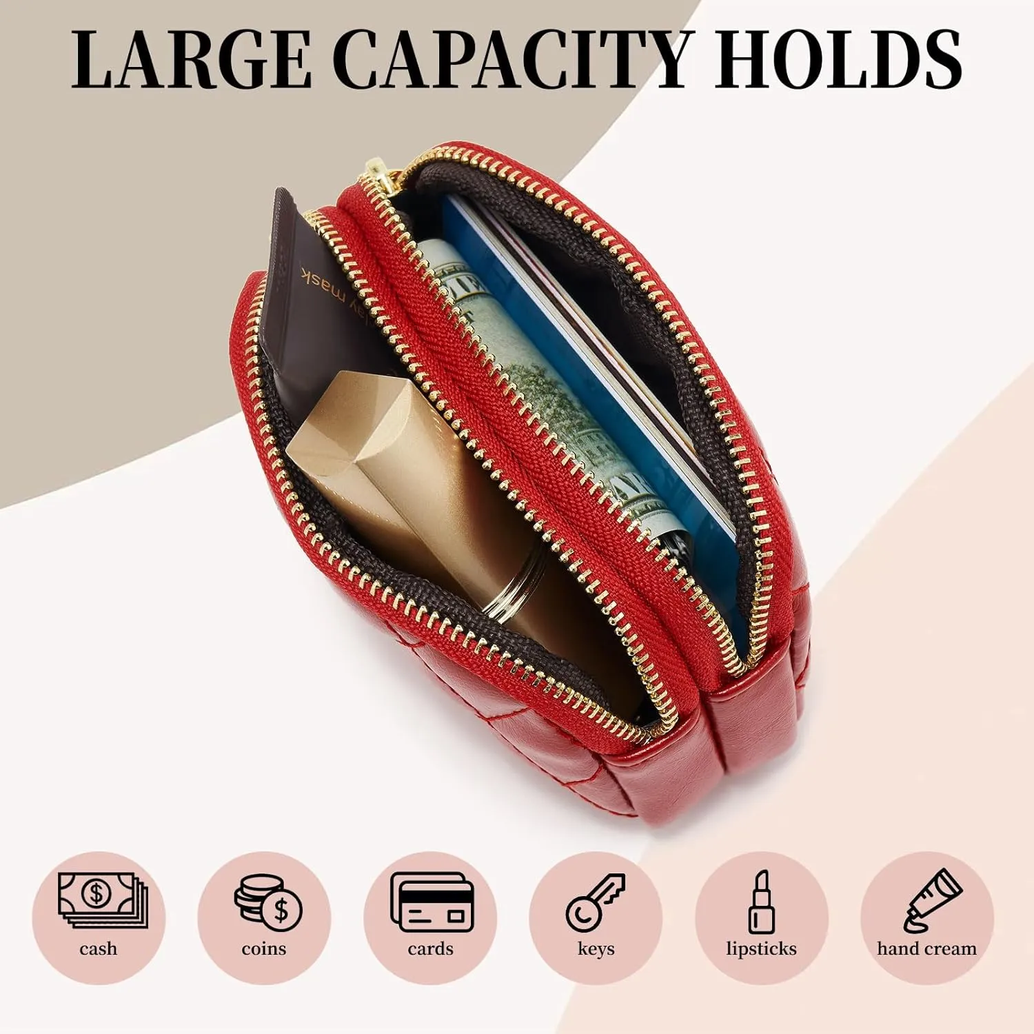 WOZEAH Leather Coin Purse for Women Small 2 Zipper Change Wallet with Key Ring Card Key Coin Cash Holder Pouch(Quilted Red)