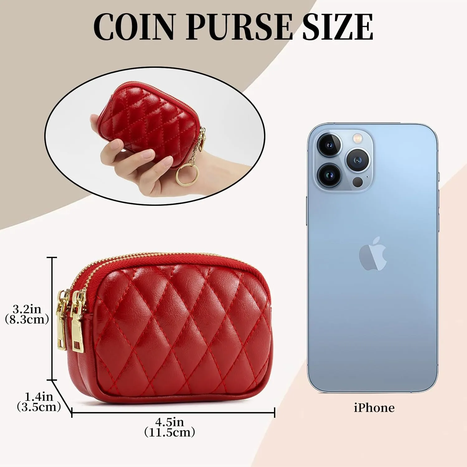 WOZEAH Leather Coin Purse for Women Small 2 Zipper Change Wallet with Key Ring Card Key Coin Cash Holder Pouch(Quilted Red)