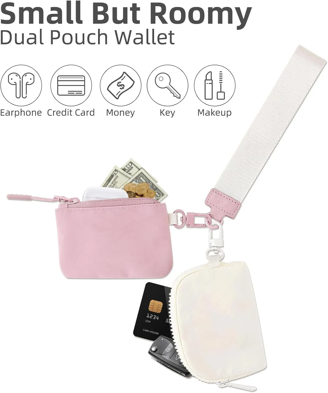 Wristlet Wallets for Women Key Chain Dual Pouch Purse Small Mini Coin Zip Around Bag Keychain Strap Card Holder