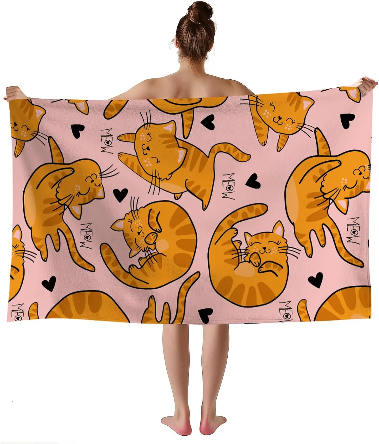 WZOMT Microfiber Cat Beach Towel, Cat Towel, Cute Orange Cat on Pink Bath Towel for Kids Girls Women, Cat Towels for Cat Lovers, Kawaii Kitty Kitten Swim Pool Towels, Oversized 32x52 Inch