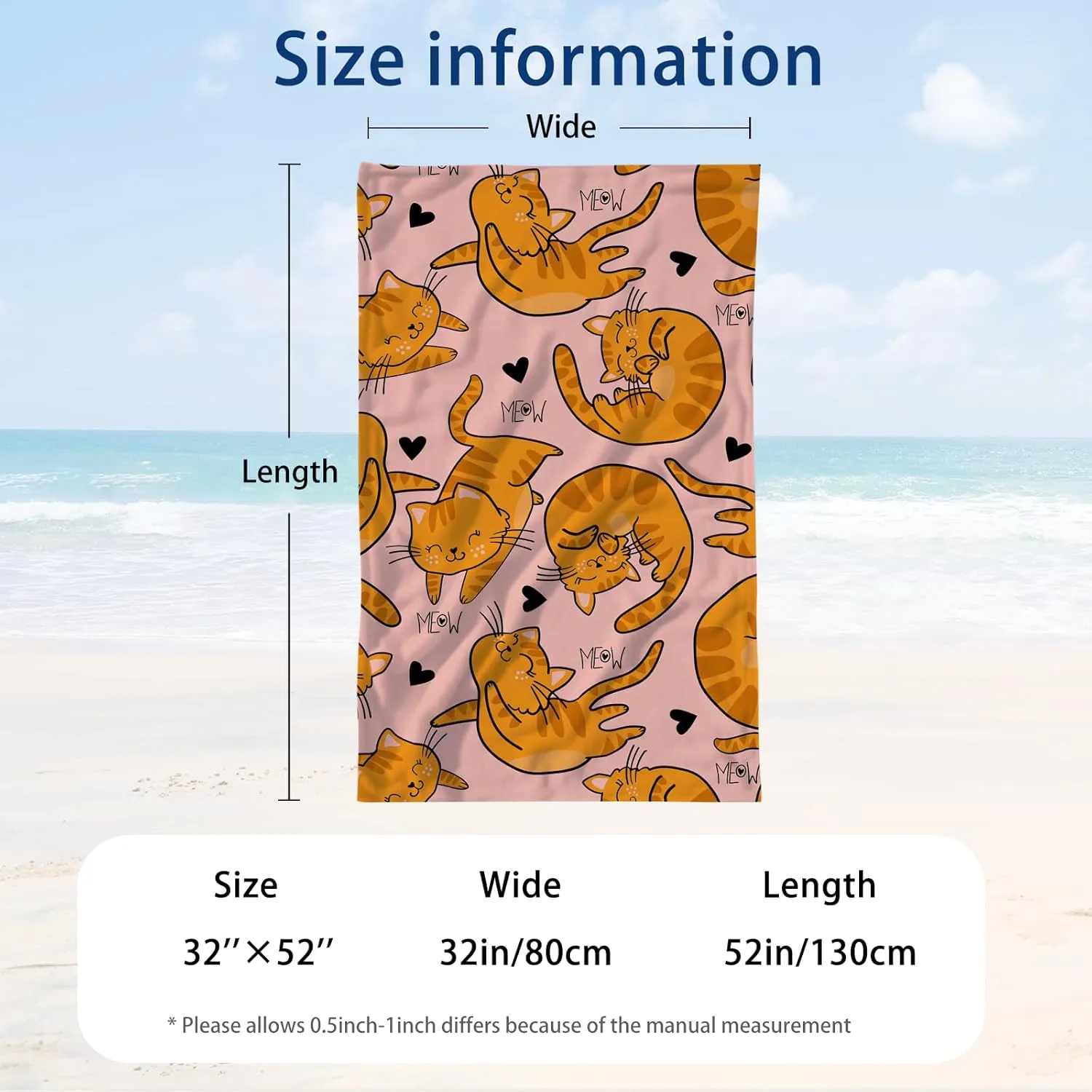 WZOMT Microfiber Cat Beach Towel, Cat Towel, Cute Orange Cat on Pink Bath Towel for Kids Girls Women, Cat Towels for Cat Lovers, Kawaii Kitty Kitten Swim Pool Towels, Oversized 32x52 Inch
