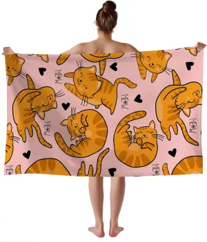 WZOMT Microfiber Cat Beach Towel, Cat Towel, Cute Orange Cat on Pink Bath Towel for Kids Girls Women, Cat Towels for Cat Lovers, Kawaii Kitty Kitten Swim Pool Towels, Oversized 32x52 Inch