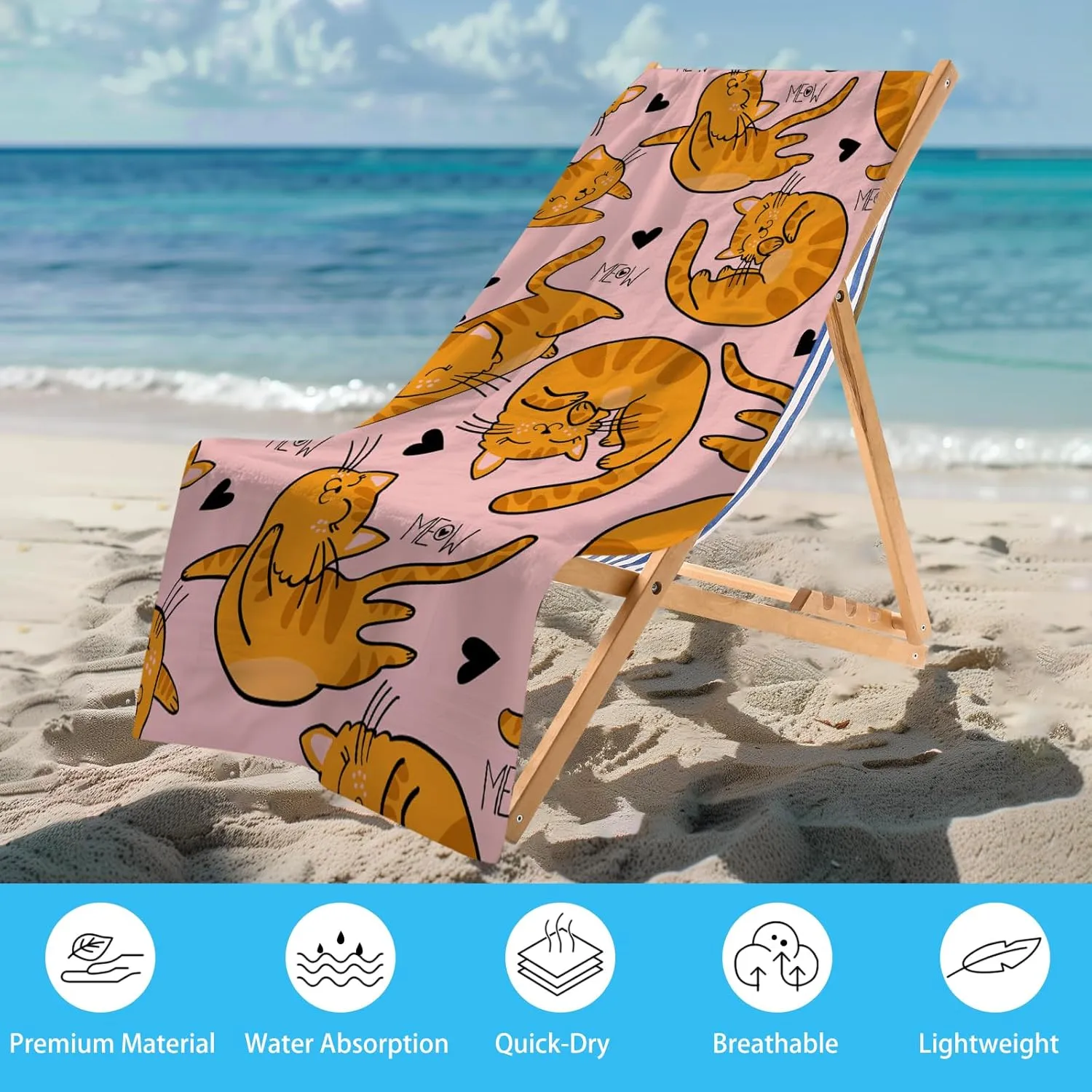 WZOMT Microfiber Cat Beach Towel, Cat Towel, Cute Orange Cat on Pink Bath Towel for Kids Girls Women, Cat Towels for Cat Lovers, Kawaii Kitty Kitten Swim Pool Towels, Oversized 32x52 Inch
