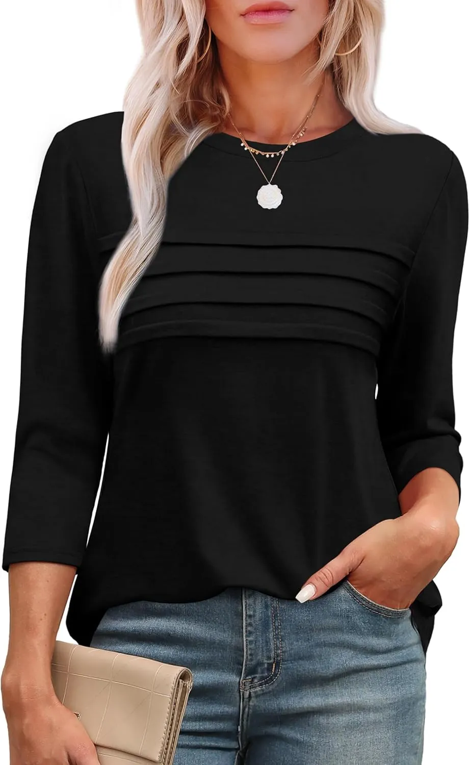 XIEERDUO Women's 3/4 Length Sleeve Tops Dressy Casual Blouses Crewneck T-Shirts Loose Curved Hem Tunic S-3XL