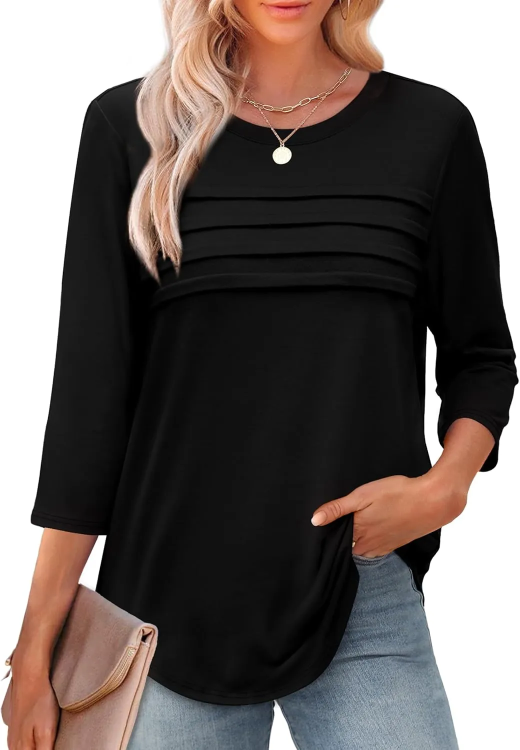 XIEERDUO Women's 3/4 Length Sleeve Tops Dressy Casual Blouses Crewneck T-Shirts Loose Curved Hem Tunic S-3XL