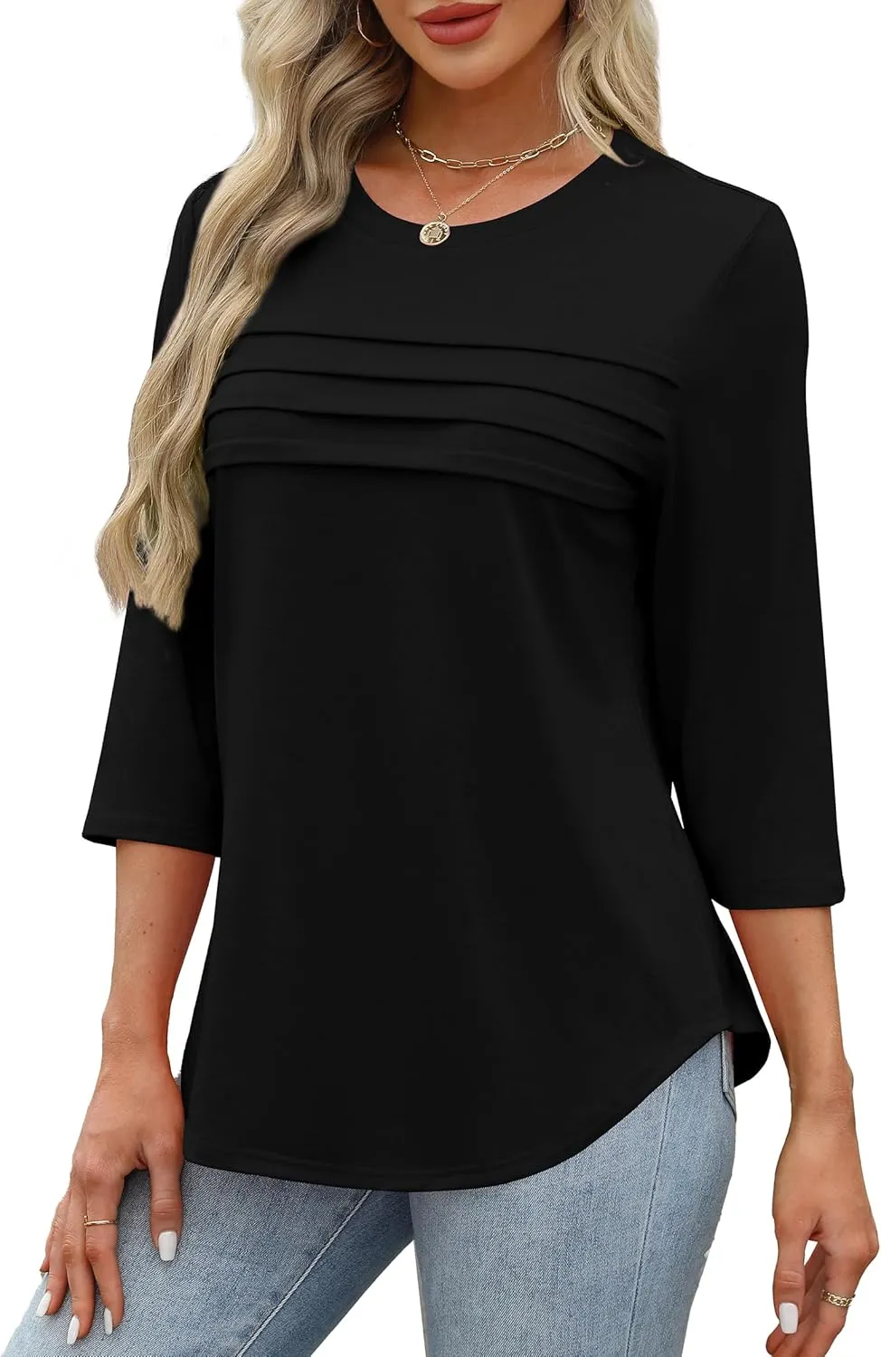 XIEERDUO Women's 3/4 Length Sleeve Tops Dressy Casual Blouses Crewneck T-Shirts Loose Curved Hem Tunic S-3XL