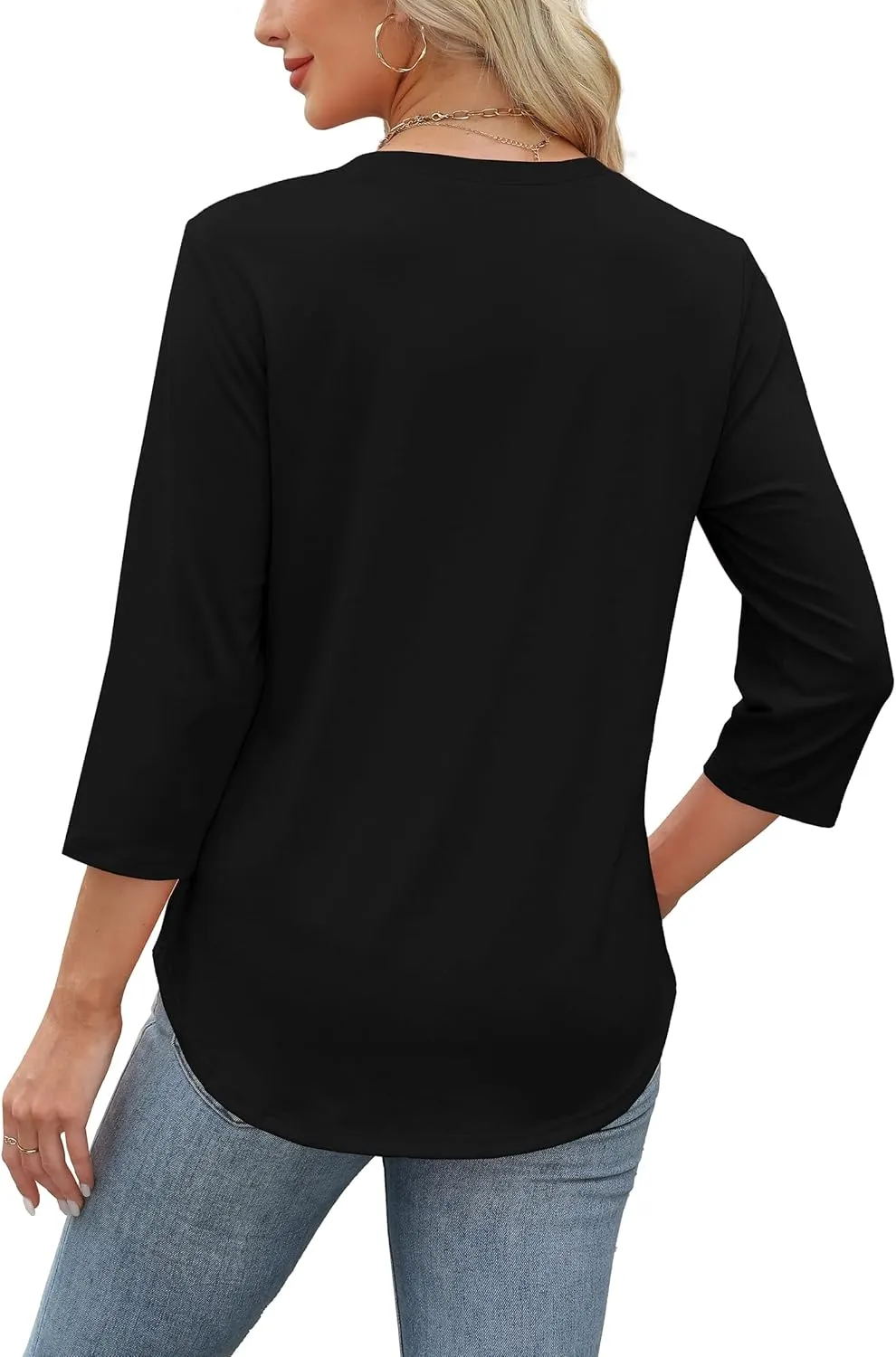 XIEERDUO Women's 3/4 Length Sleeve Tops Dressy Casual Blouses Crewneck T-Shirts Loose Curved Hem Tunic S-3XL