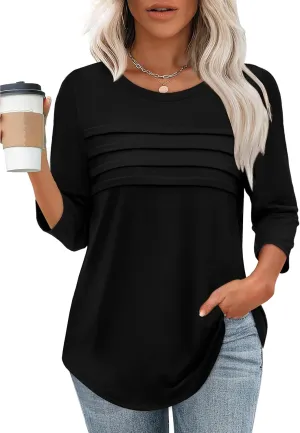 XIEERDUO Women's 3/4 Length Sleeve Tops Dressy Casual Blouses Crewneck T-Shirts Loose Curved Hem Tunic S-3XL