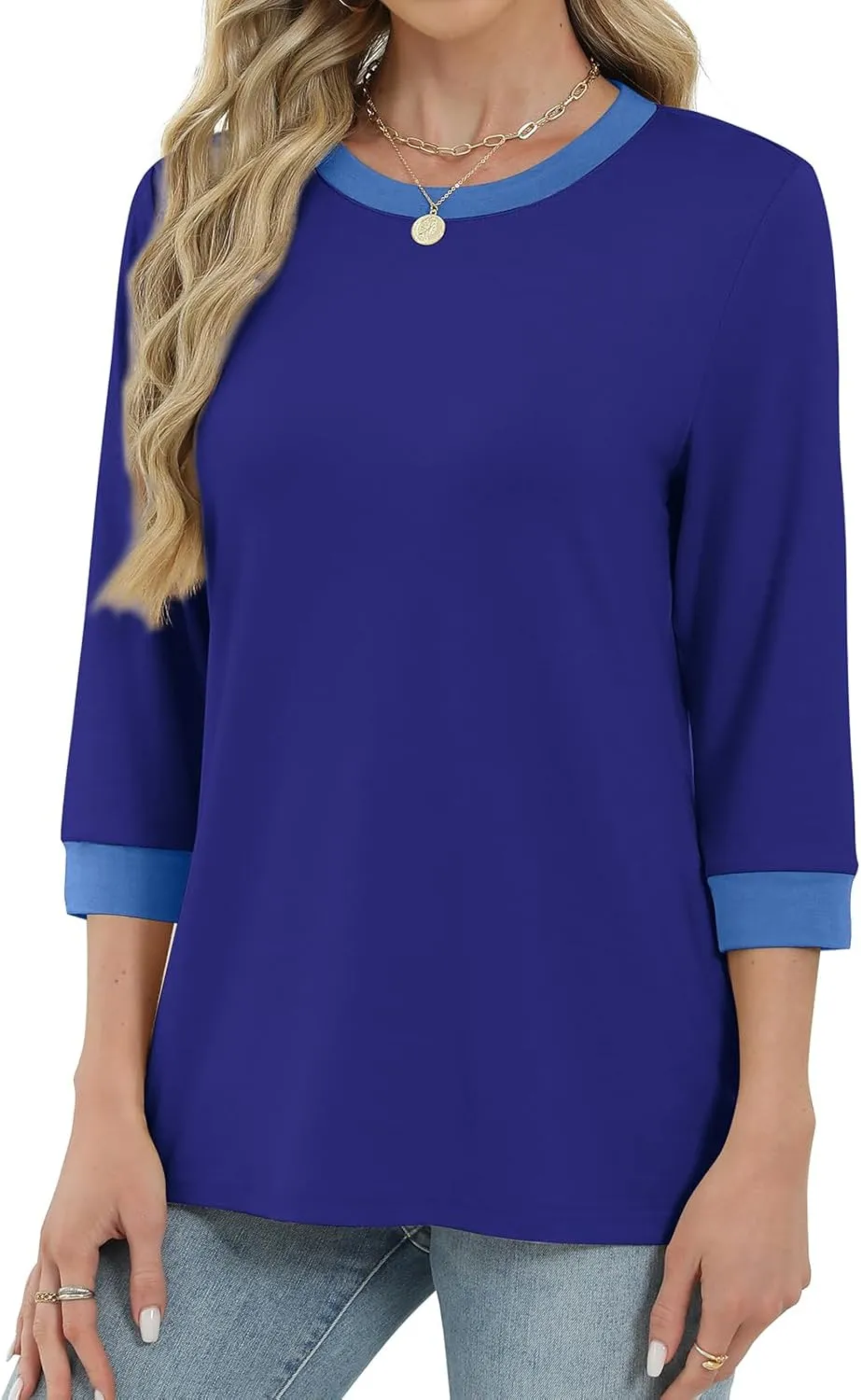 XIEERDUO Womens T Shirts 3/4 Length Sleeve Womens Tops Dressy Casual Crew Neck Color Block Tunic Tops