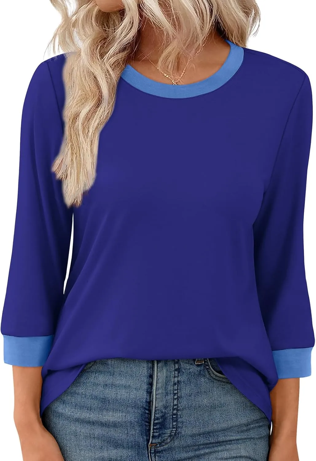 XIEERDUO Womens T Shirts 3/4 Length Sleeve Womens Tops Dressy Casual Crew Neck Color Block Tunic Tops