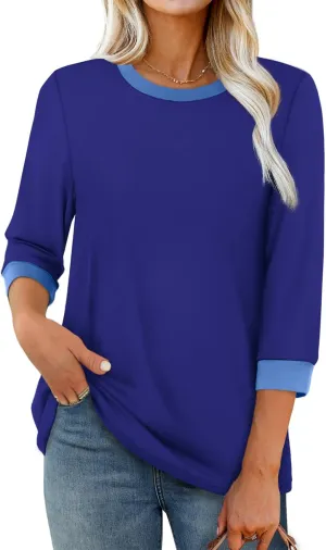 XIEERDUO Womens T Shirts 3/4 Length Sleeve Womens Tops Dressy Casual Crew Neck Color Block Tunic Tops