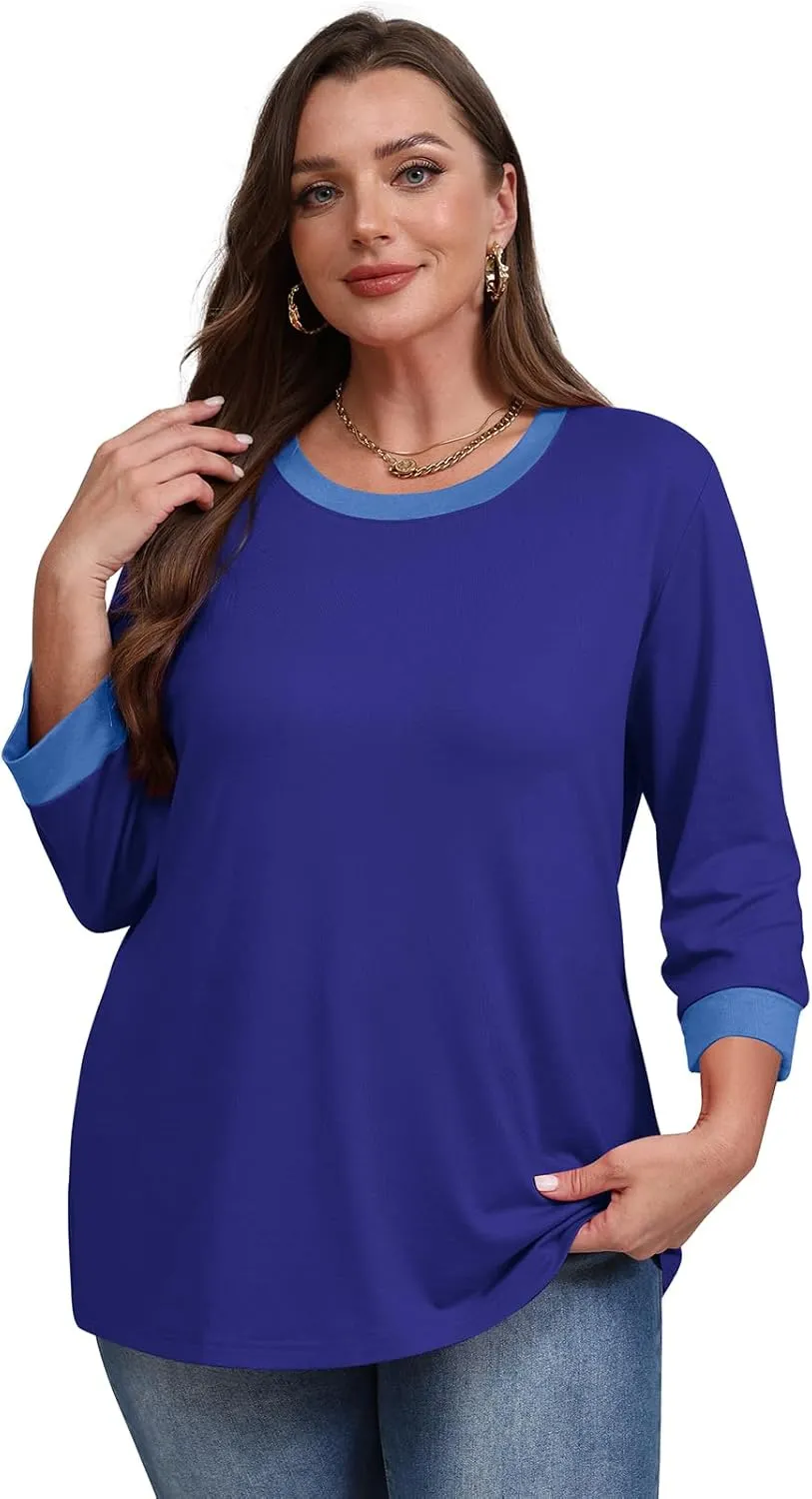 XIEERDUO Womens T Shirts 3/4 Length Sleeve Womens Tops Dressy Casual Crew Neck Color Block Tunic Tops