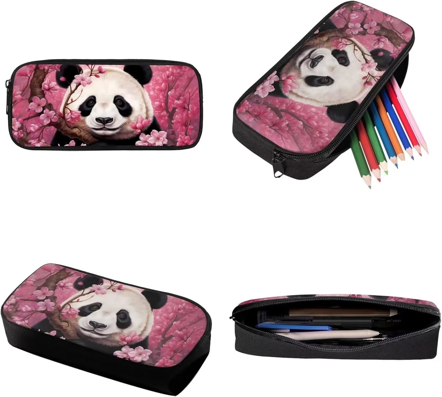 Xoenoiee Panda Pink Flowers Print Backpack Set with 17in Backpack Lunch Bag & Pencil Case, Schoolbag Sets for Boy Girl Students for School Travel Picnic