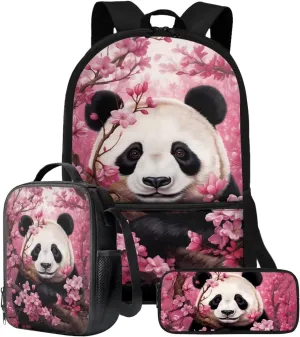 Xoenoiee Panda Pink Flowers Print Backpack Set with 17in Backpack Lunch Bag & Pencil Case, Schoolbag Sets for Boy Girl Students for School Travel Picnic