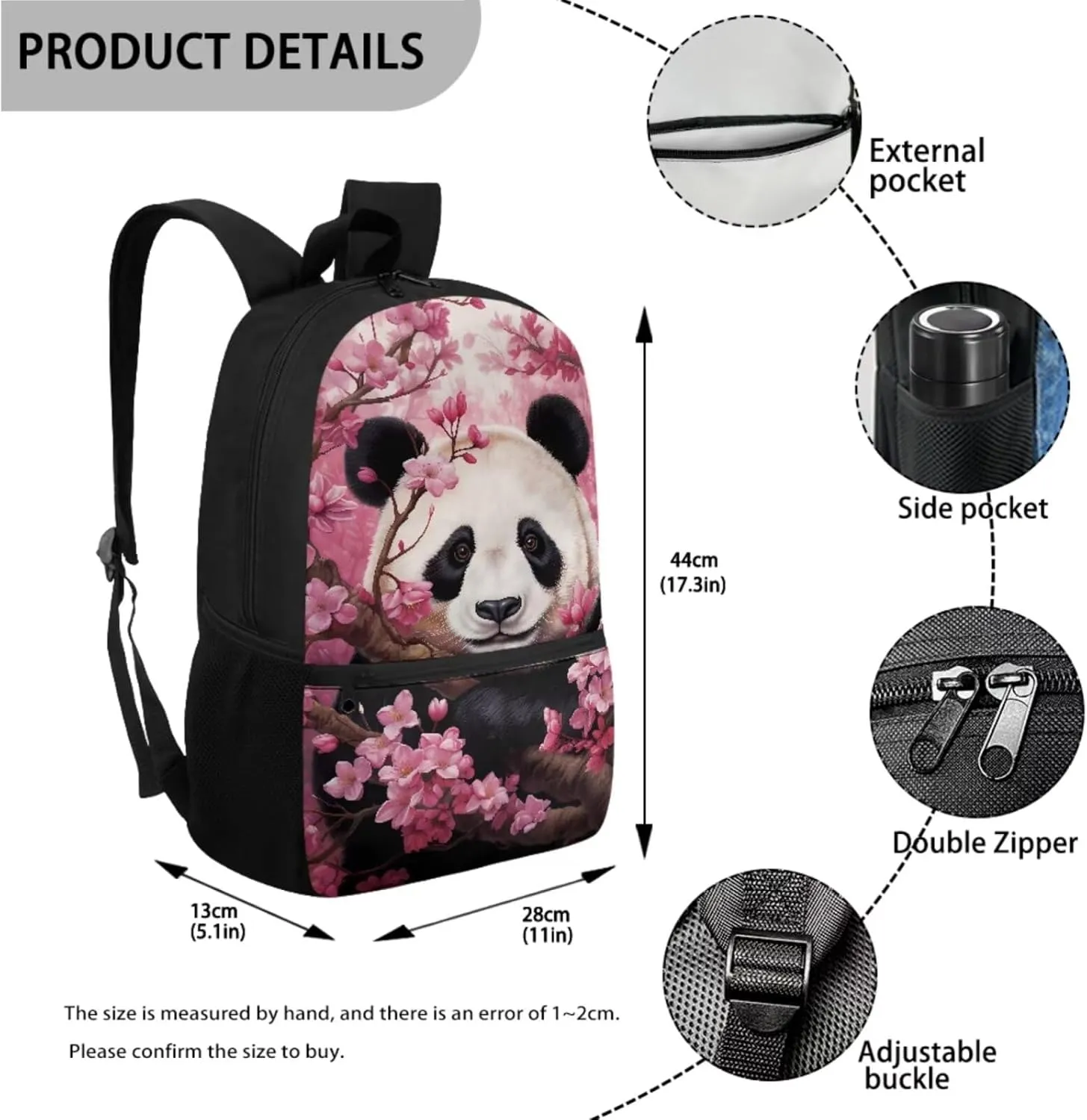 Xoenoiee Panda Pink Flowers Print Backpack Set with 17in Backpack Lunch Bag & Pencil Case, Schoolbag Sets for Boy Girl Students for School Travel Picnic