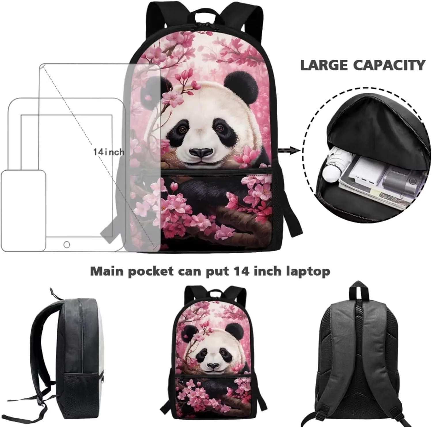 Xoenoiee Panda Pink Flowers Print Backpack Set with 17in Backpack Lunch Bag & Pencil Case, Schoolbag Sets for Boy Girl Students for School Travel Picnic