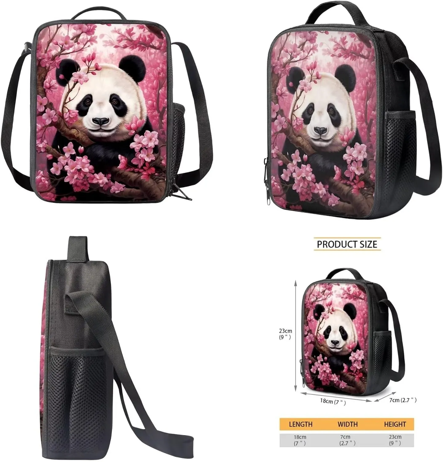 Xoenoiee Panda Pink Flowers Print Backpack Set with 17in Backpack Lunch Bag & Pencil Case, Schoolbag Sets for Boy Girl Students for School Travel Picnic