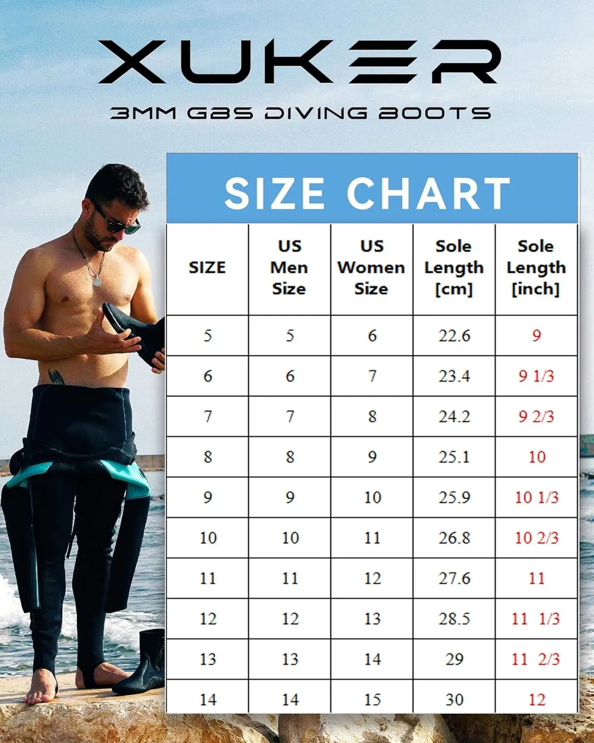 XUKER Neoprene Diving Boots, 3mm 5mm Water Shoes Glued Blind Stitched Wetsuit Booties Adult Men Women with Anti-Slip Rubber Sole Side Zipper