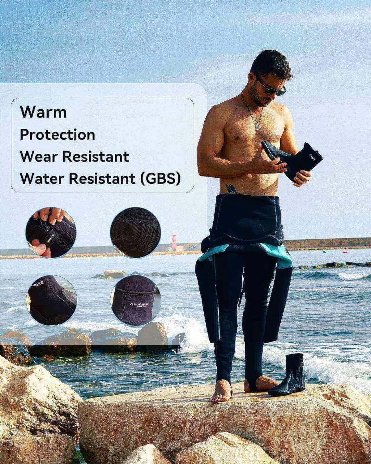 XUKER Neoprene Diving Boots, 3mm 5mm Water Shoes Glued Blind Stitched Wetsuit Booties Adult Men Women with Anti-Slip Rubber Sole Side Zipper
