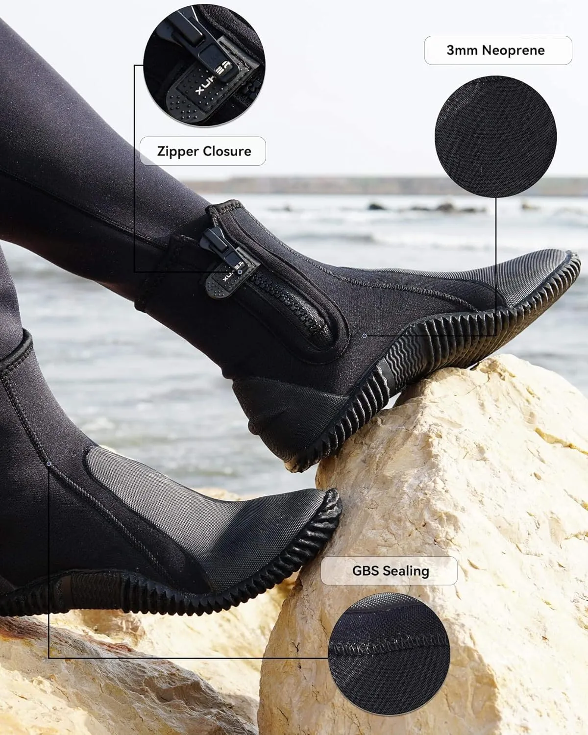 XUKER Neoprene Diving Boots, 3mm 5mm Water Shoes Glued Blind Stitched Wetsuit Booties Adult Men Women with Anti-Slip Rubber Sole Side Zipper