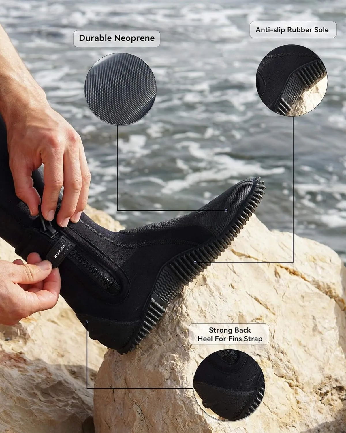XUKER Neoprene Diving Boots, 3mm 5mm Water Shoes Glued Blind Stitched Wetsuit Booties Adult Men Women with Anti-Slip Rubber Sole Side Zipper