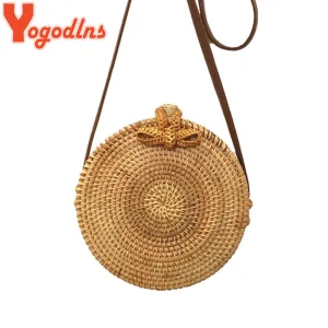 Yogodlns Round Straw Bags Women Summer Rattan Bag Handmade Woven Beach Crossbody Bag Circle Bohemia Bali Box