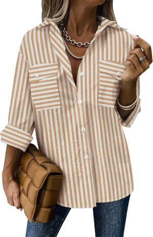 Zeagoo Womens Button Down Shirts Casual Long Sleeve Drop Shoulder Blouses Solid Color Dress Shirts with Pockets
