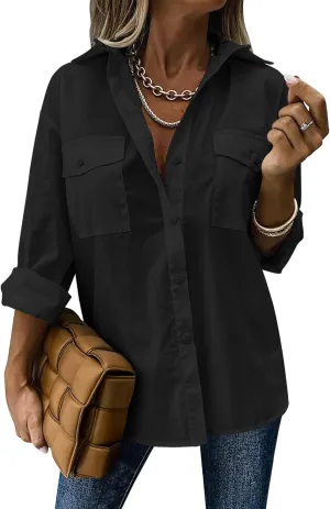 Zeagoo Womens Button Down Shirts Casual Long Sleeve Drop Shoulder Blouses Solid Color Dress Shirts with Pockets