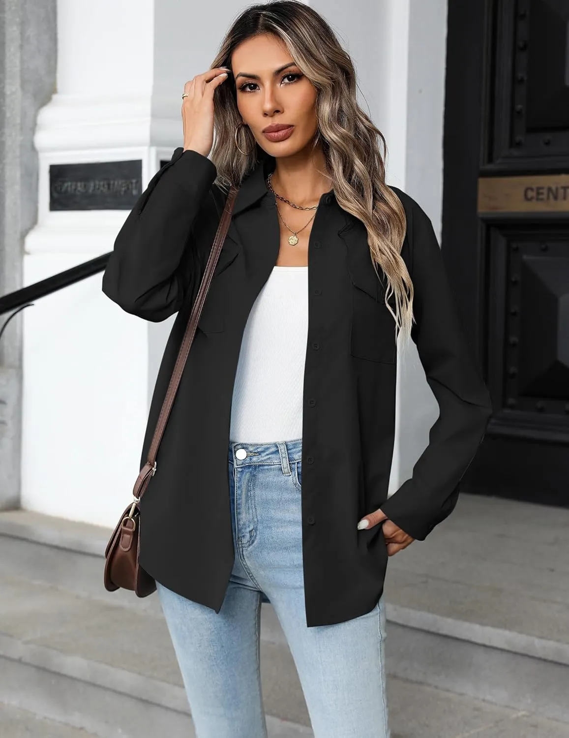 Zeagoo Womens Button Down Shirts Casual Long Sleeve Drop Shoulder Blouses Solid Color Dress Shirts with Pockets