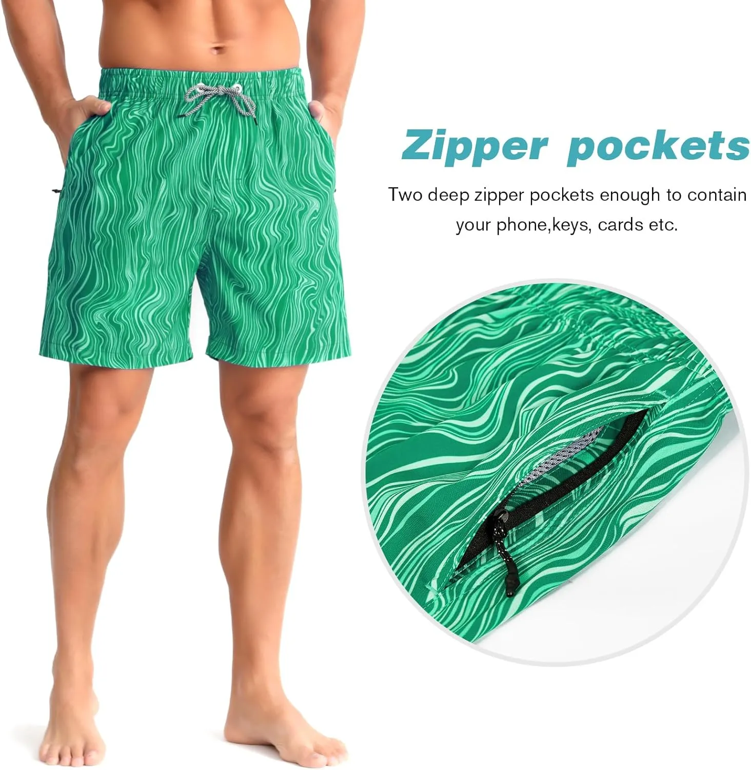 zeetoo Mens Swim Trunks with Compression Liner 5" Inseam Quick Dry Beach Shorts with Zipper Pockets