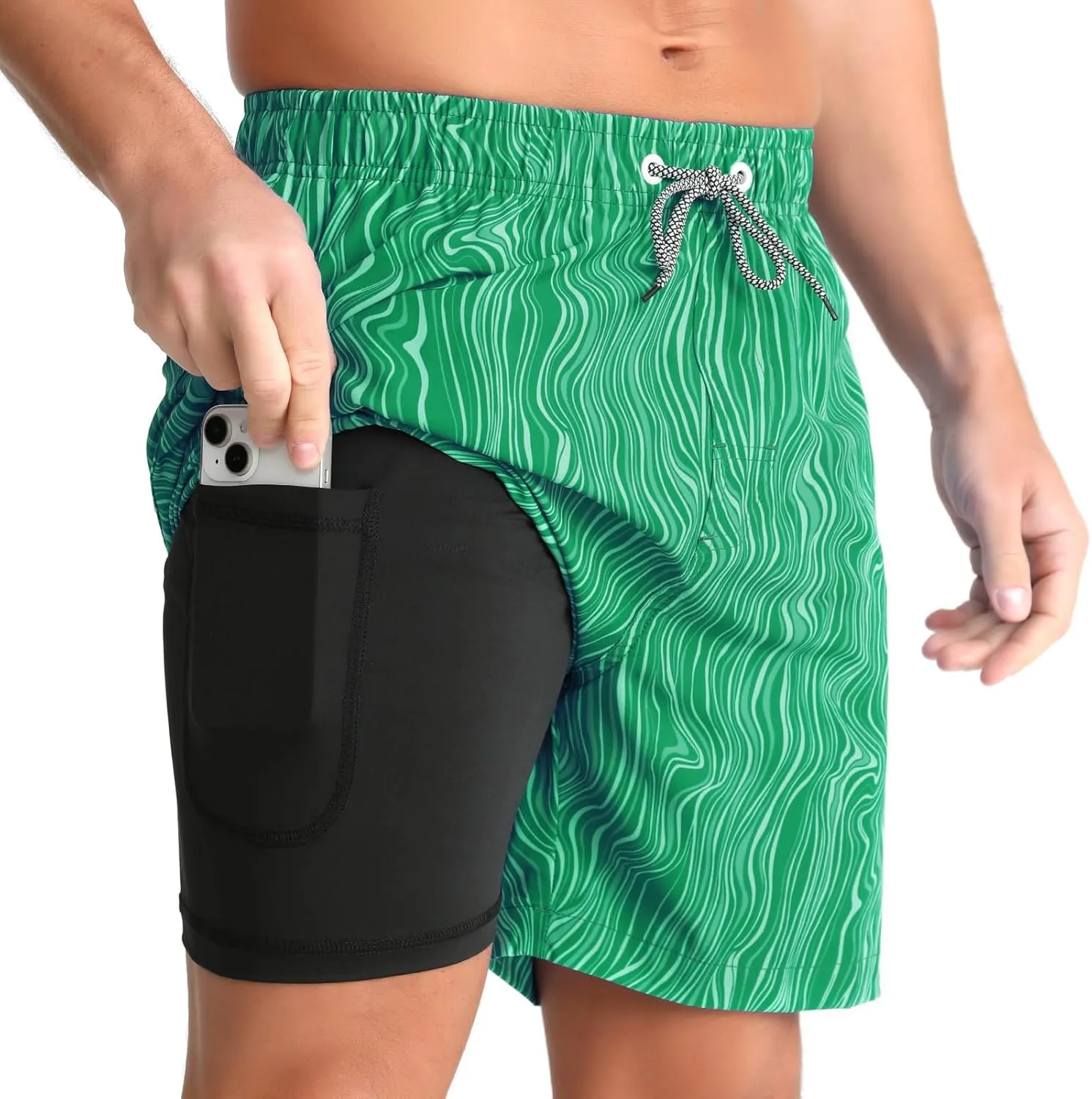 zeetoo Mens Swim Trunks with Compression Liner 5" Inseam Quick Dry Beach Shorts with Zipper Pockets