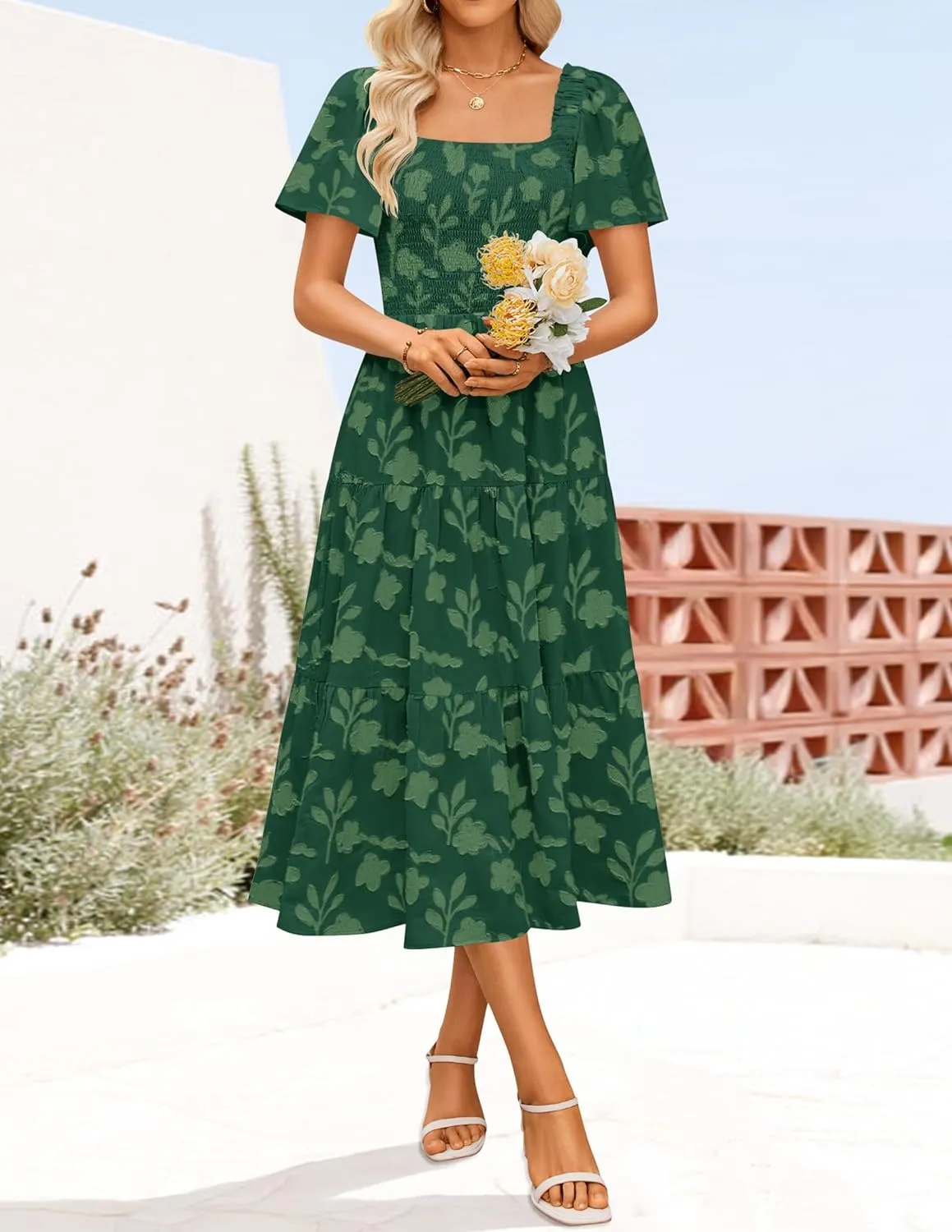ZESICA Women‘s Summer Boho Floral Midi Dress 2025 Casual Short Sleeve Square Neck Flowy Beach Vacation Long Dress