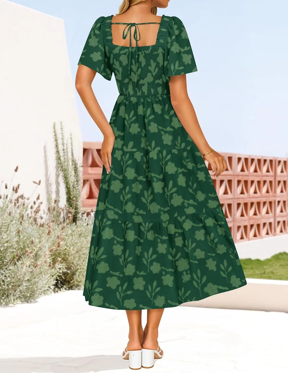 ZESICA Women‘s Summer Boho Floral Midi Dress 2025 Casual Short Sleeve Square Neck Flowy Beach Vacation Long Dress