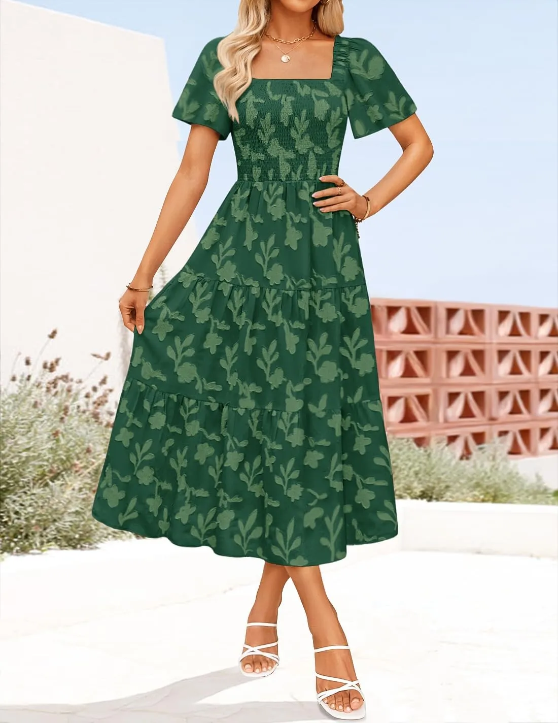 ZESICA Women‘s Summer Boho Floral Midi Dress 2025 Casual Short Sleeve Square Neck Flowy Beach Vacation Long Dress