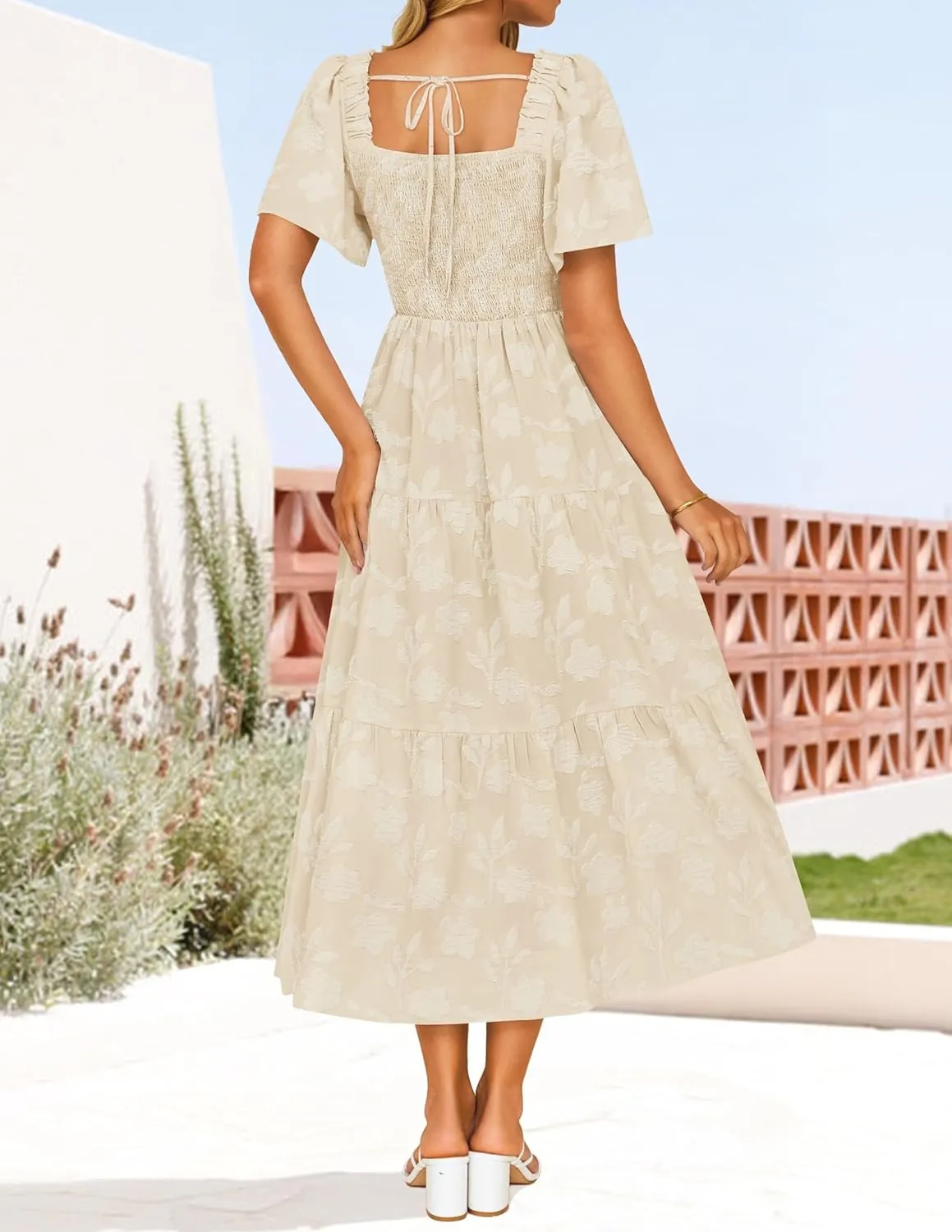 ZESICA Women‘s Summer Boho Floral Midi Dress 2025 Casual Short Sleeve Square Neck Flowy Beach Vacation Long Dress