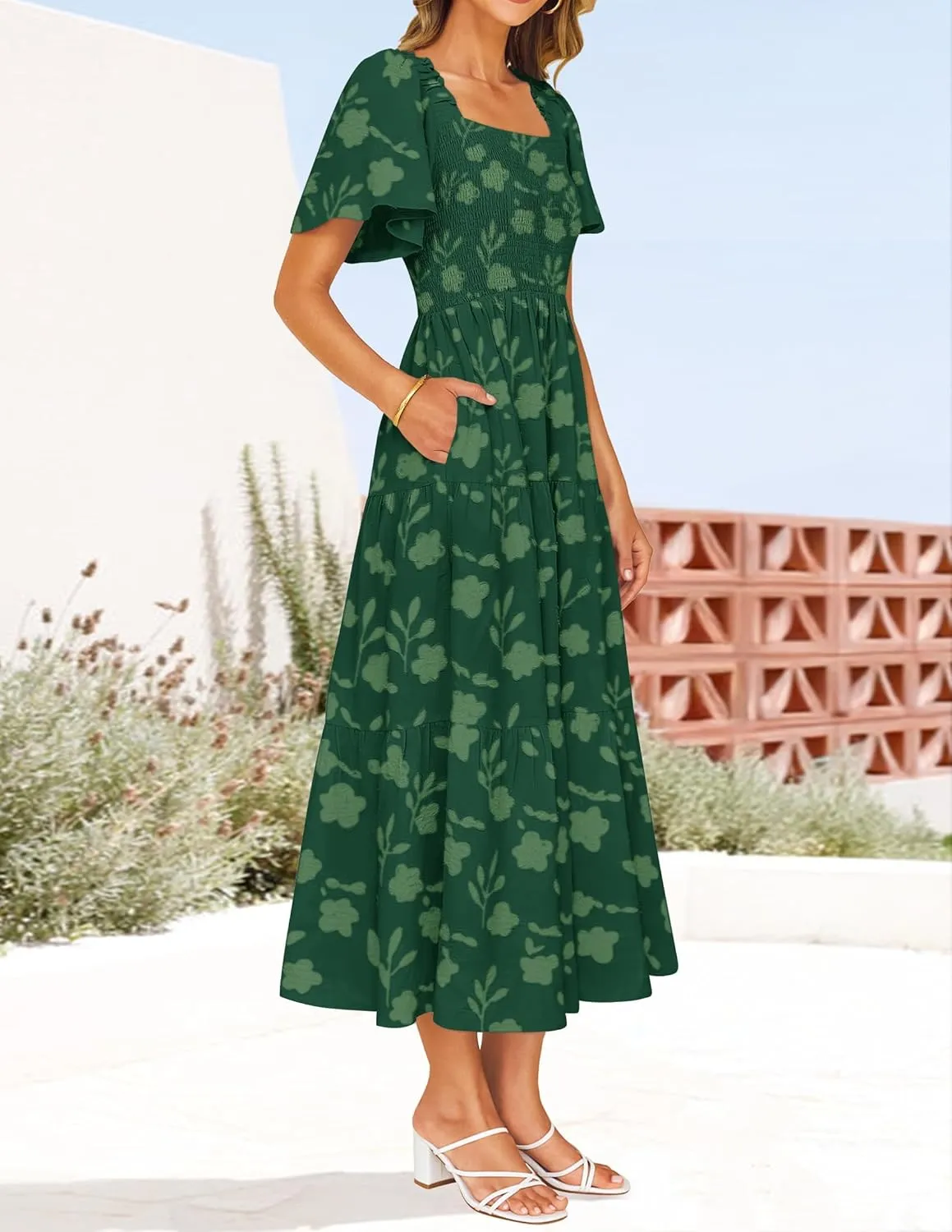 ZESICA Women‘s Summer Boho Floral Midi Dress 2025 Casual Short Sleeve Square Neck Flowy Beach Vacation Long Dress