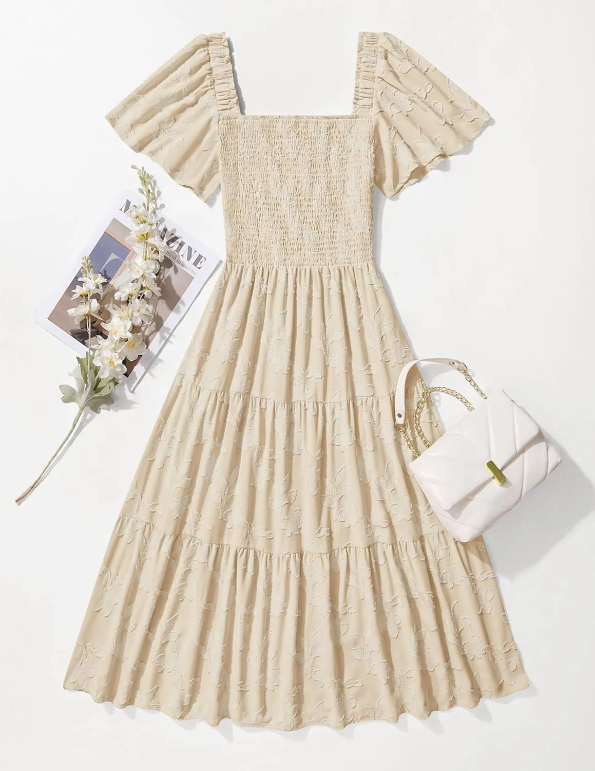 ZESICA Women‘s Summer Boho Floral Midi Dress 2025 Casual Short Sleeve Square Neck Flowy Beach Vacation Long Dress