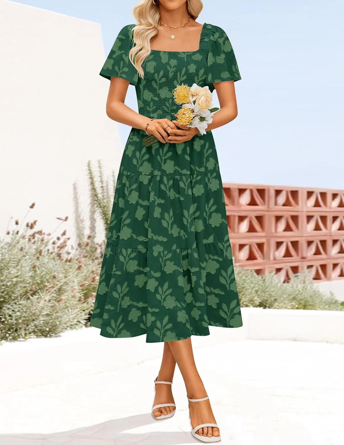 ZESICA Women‘s Summer Boho Floral Midi Dress 2025 Casual Short Sleeve Square Neck Flowy Beach Vacation Long Dress