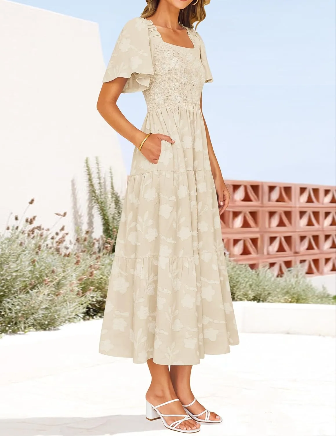 ZESICA Women‘s Summer Boho Floral Midi Dress 2025 Casual Short Sleeve Square Neck Flowy Beach Vacation Long Dress