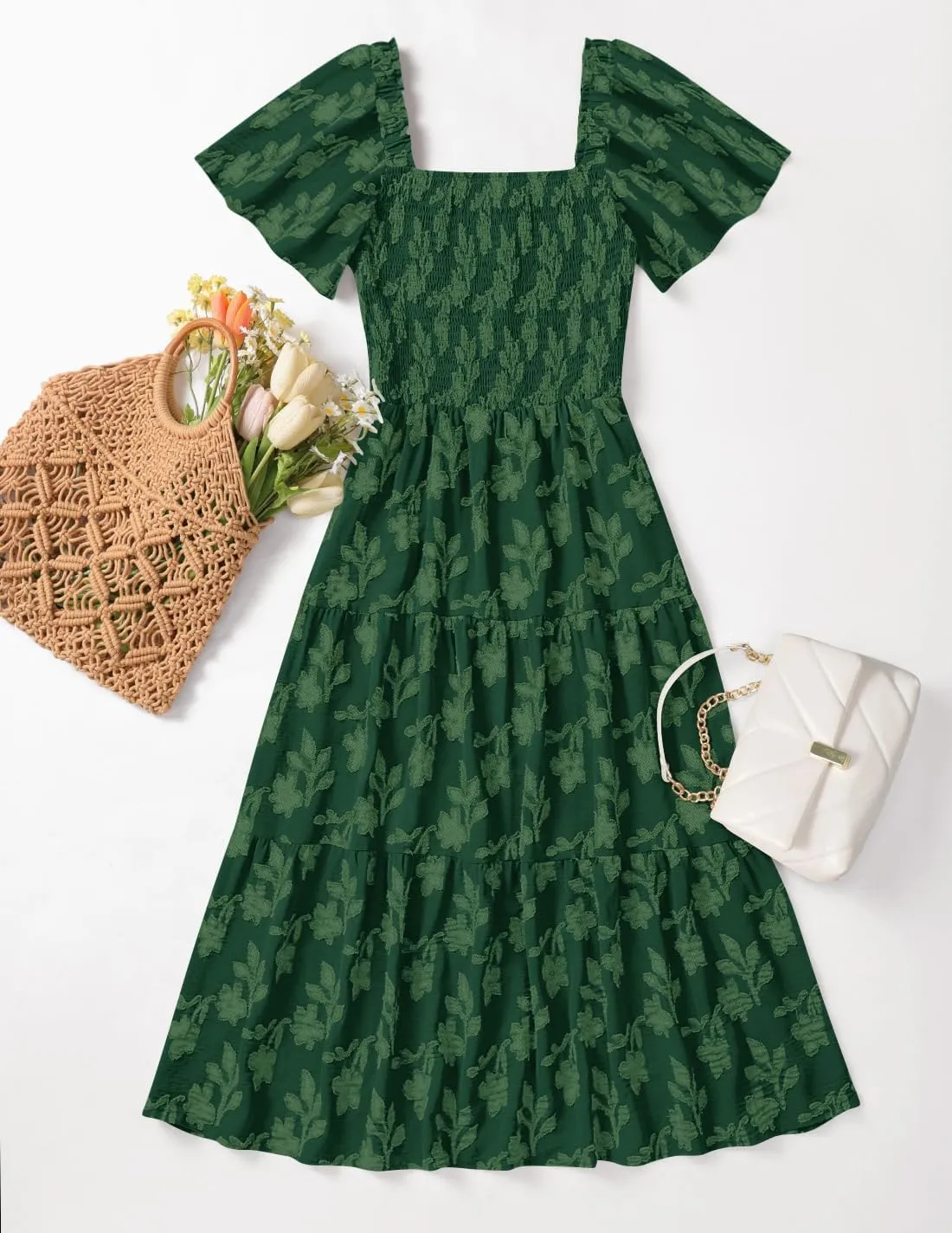 ZESICA Women‘s Summer Boho Floral Midi Dress 2025 Casual Short Sleeve Square Neck Flowy Beach Vacation Long Dress