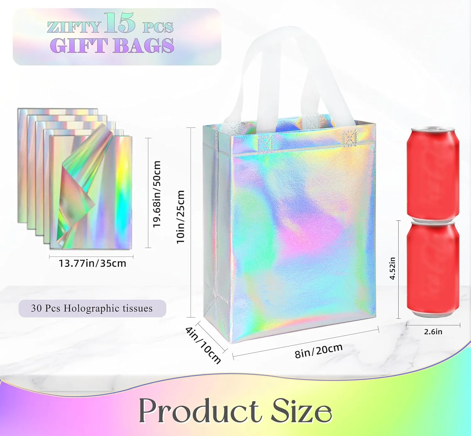 ZIFTY 15 Pcs Gift Bags with Handles Reusable Large Goodie Bags Bulk with 30 Holographic Tissues Non-woven Easter Party Gift Bags for Birthday, Wedding, Holiday Party Favors - 8W x 4L x 10H