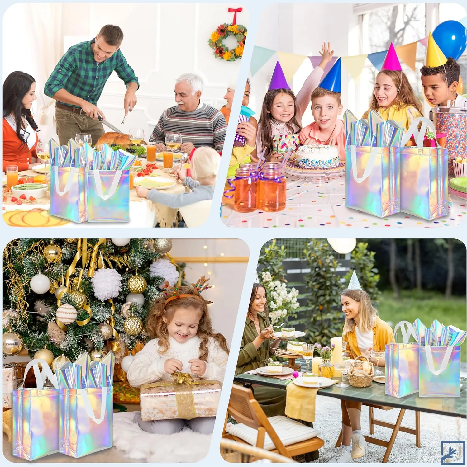 ZIFTY 15 Pcs Gift Bags with Handles Reusable Large Goodie Bags Bulk with 30 Holographic Tissues Non-woven Easter Party Gift Bags for Birthday, Wedding, Holiday Party Favors - 8W x 4L x 10H