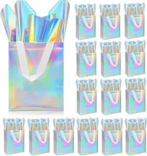 ZIFTY 15 Pcs Gift Bags with Handles Reusable Large Goodie Bags Bulk with 30 Holographic Tissues Non-woven Easter Party Gift Bags for Birthday, Wedding, Holiday Party Favors - 8W x 4L x 10H