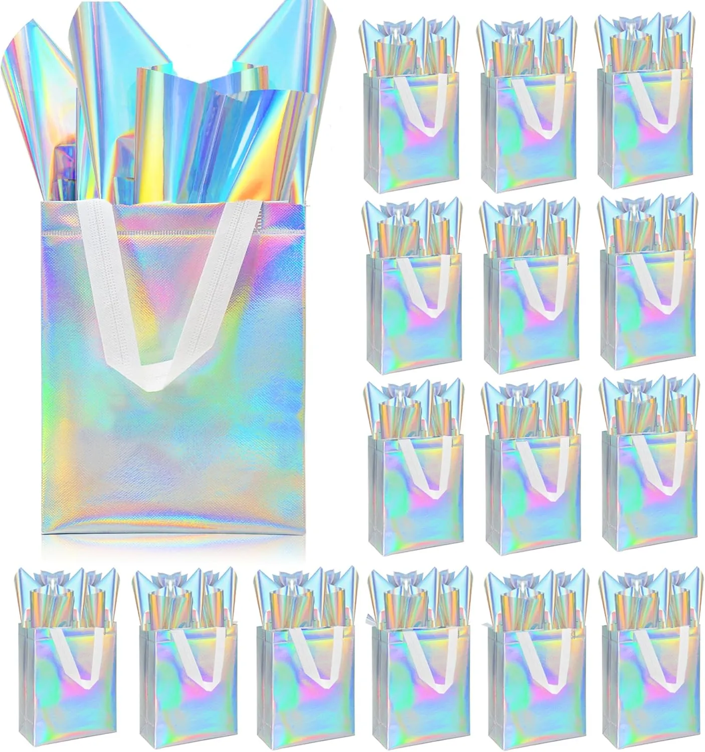 ZIFTY 15 Pcs Gift Bags with Handles Reusable Large Goodie Bags Bulk with 30 Holographic Tissues Non-woven Easter Party Gift Bags for Birthday, Wedding, Holiday Party Favors - 8W x 4L x 10H